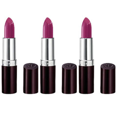 Rimmel Lasting Finish Amethyst Shimmer lipstick 3-pack cap close-up showing bold color