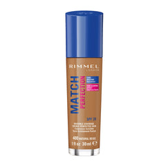 Rimmel Match Perfection Foundation bottle close-up showing Natural Beige 400 for a natural glow.