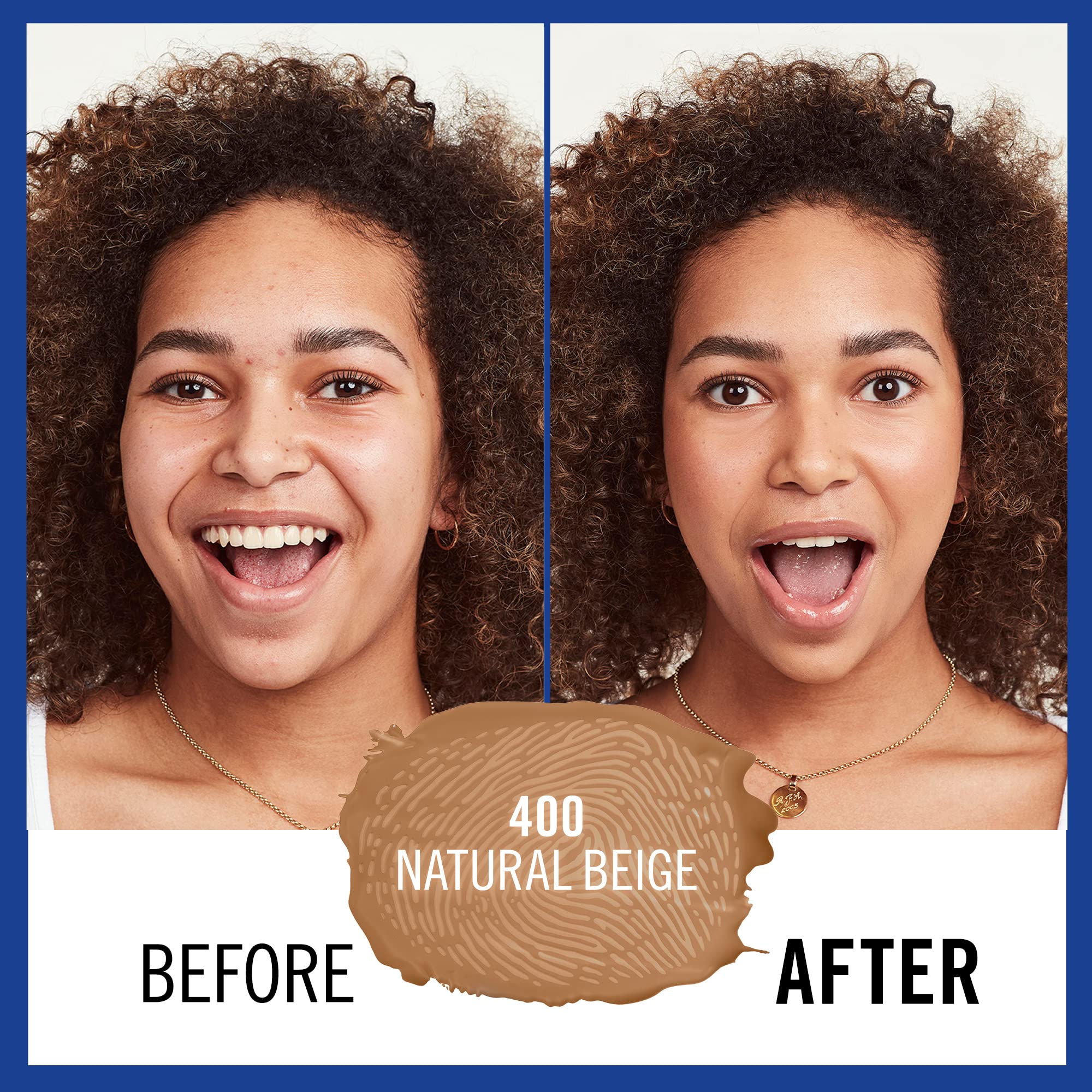 Swatches on cheek demonstrate Natural Beige 400 tone of the foundation.