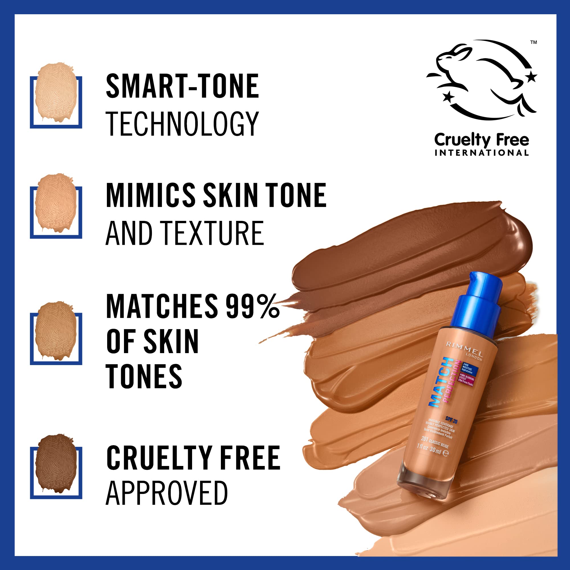 Rimmel Match Perfection Foundation SPF20 Soft Beige application on cheek shows blendable coverage