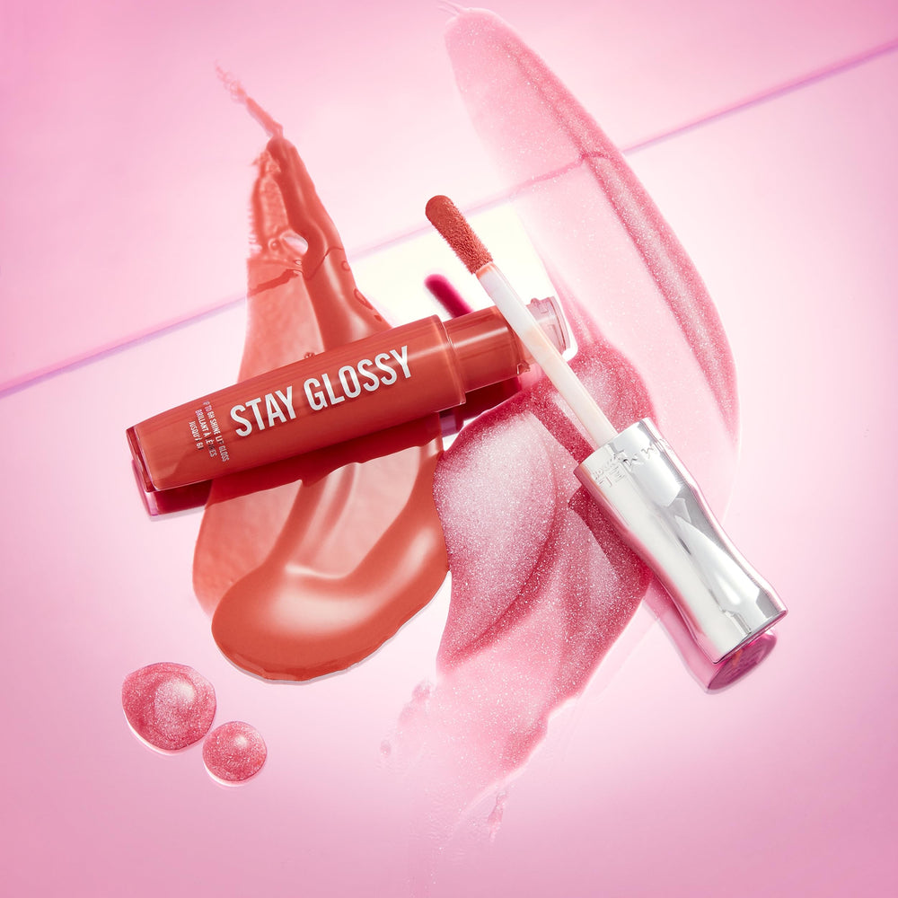 Rimmel Stay Glossy layered over lipstick boosts pigment with glossy finish.