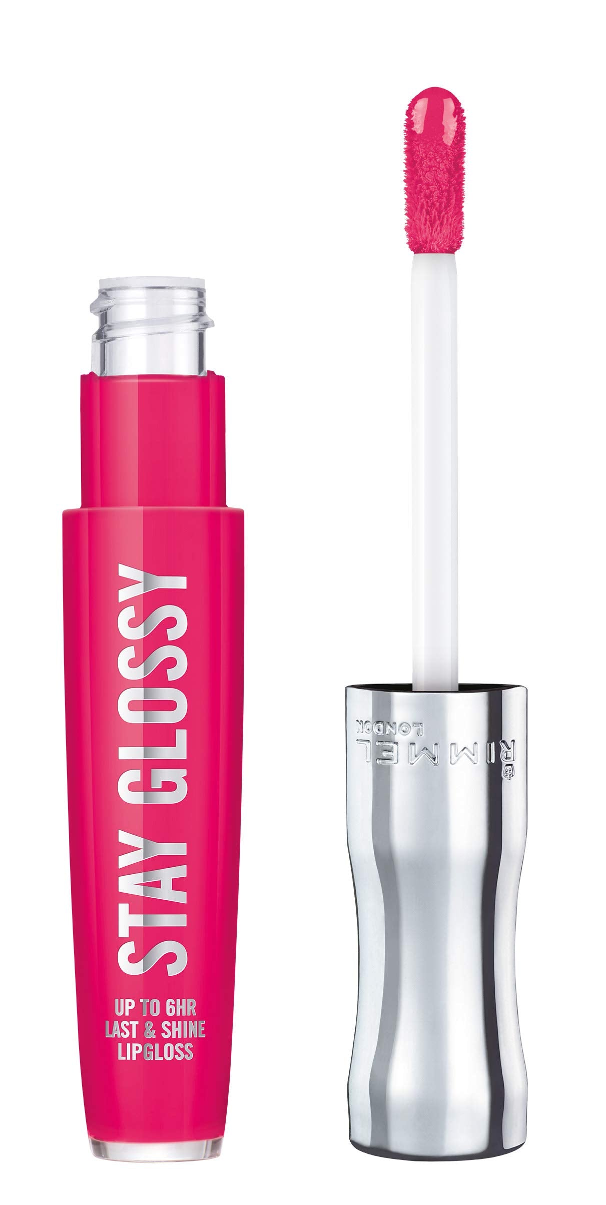 Rimmel Stay Glossy lip gloss bottle closeup showing pink shade and glossy finish