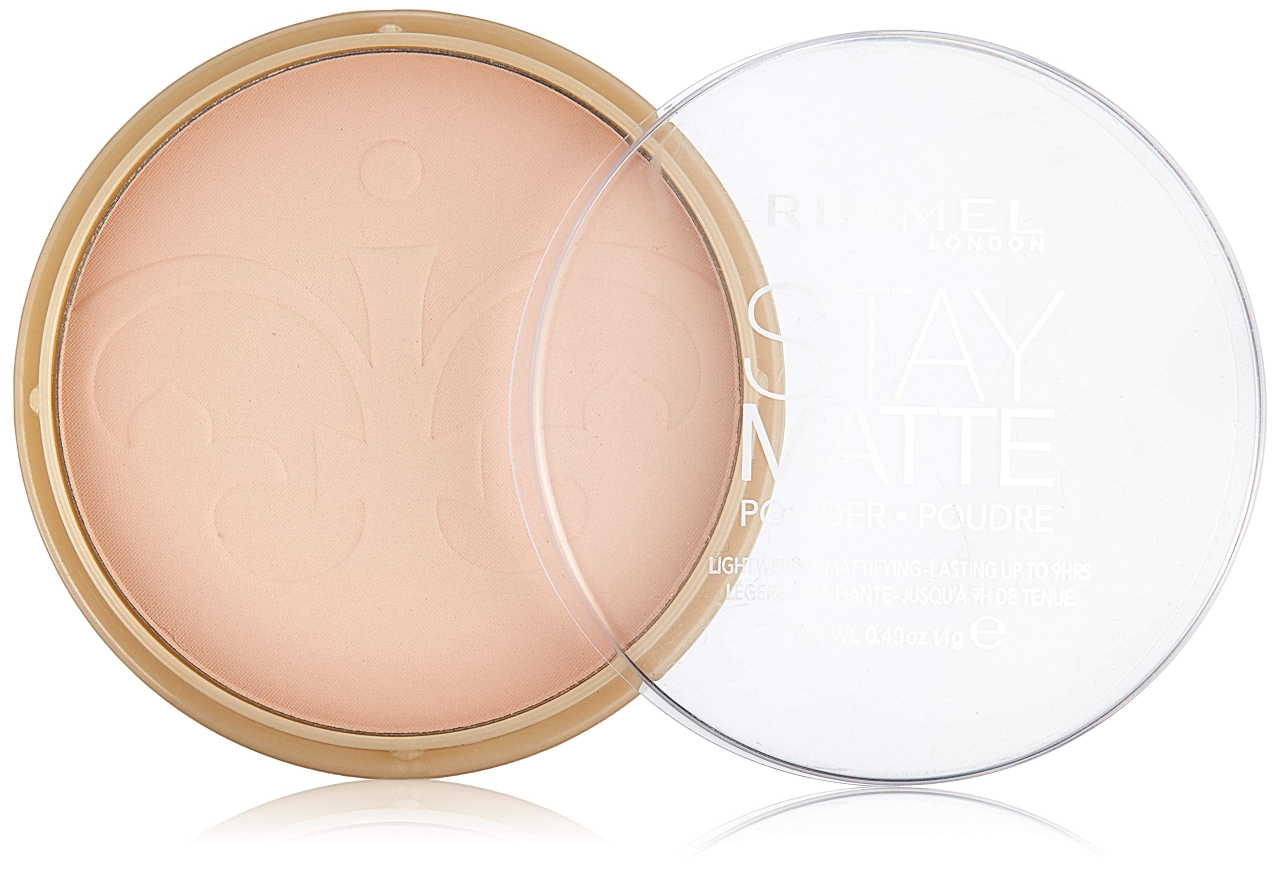 Rimmel Stay Matte powder compact open shows pink blossom shade for a natural matte finish