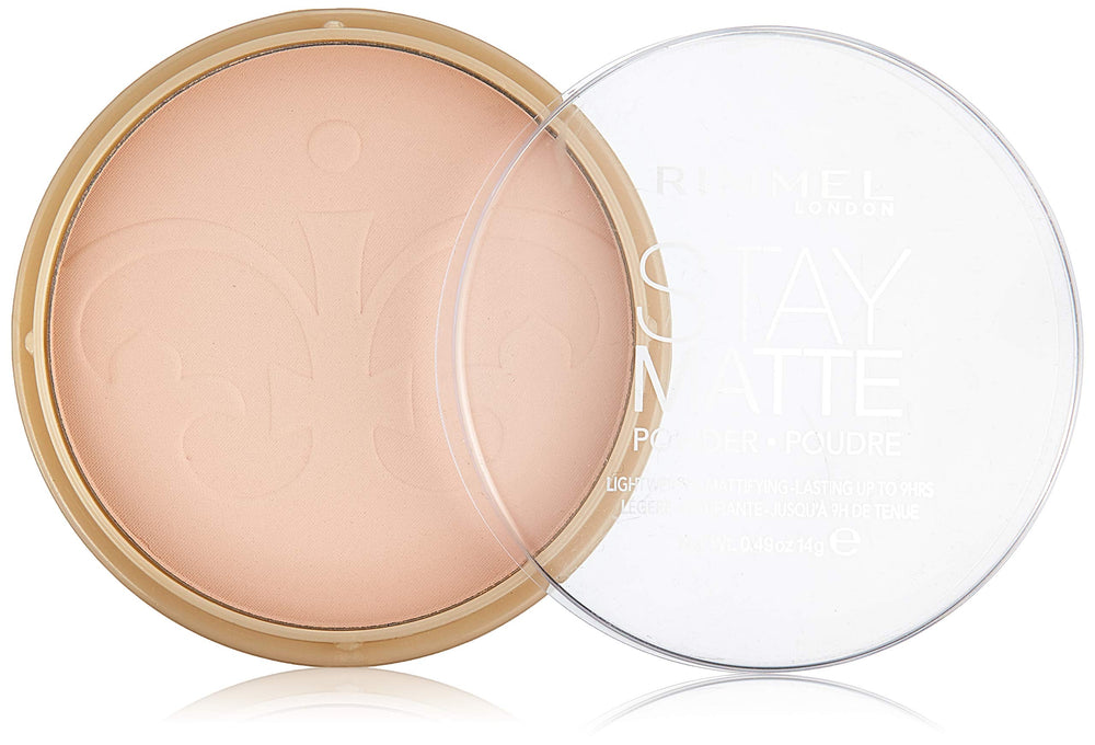 Rimmel Stay Matte powder compact open shows pink blossom shade for a natural matte finish