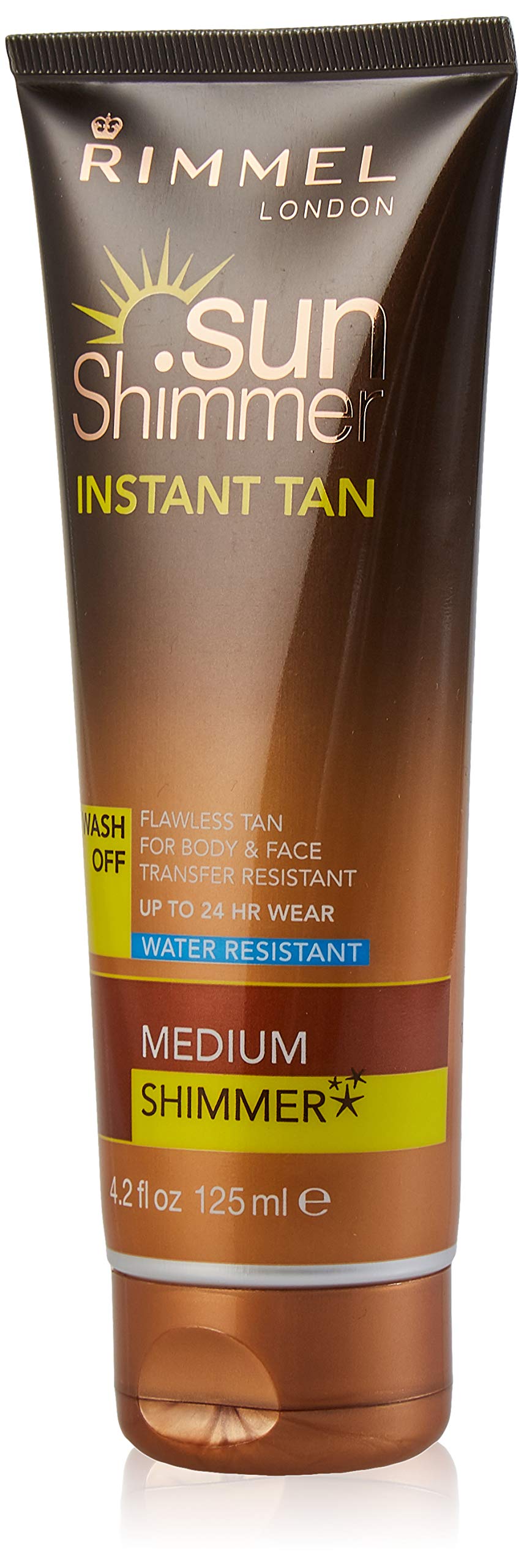 Rimmel Sunshimmer Instant Tan Water Resistant bottle showing durable, streak-free glow