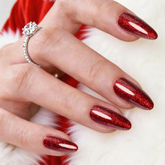 Rimudecure almond-shaped red glitter nails for versatile fashion looks