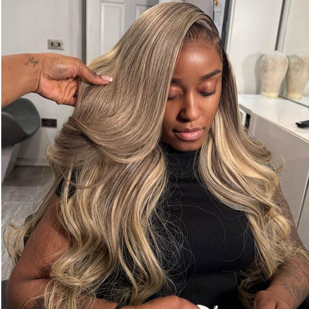 Rina 13x6 wig back view highlighting ombre roots and depth of color.