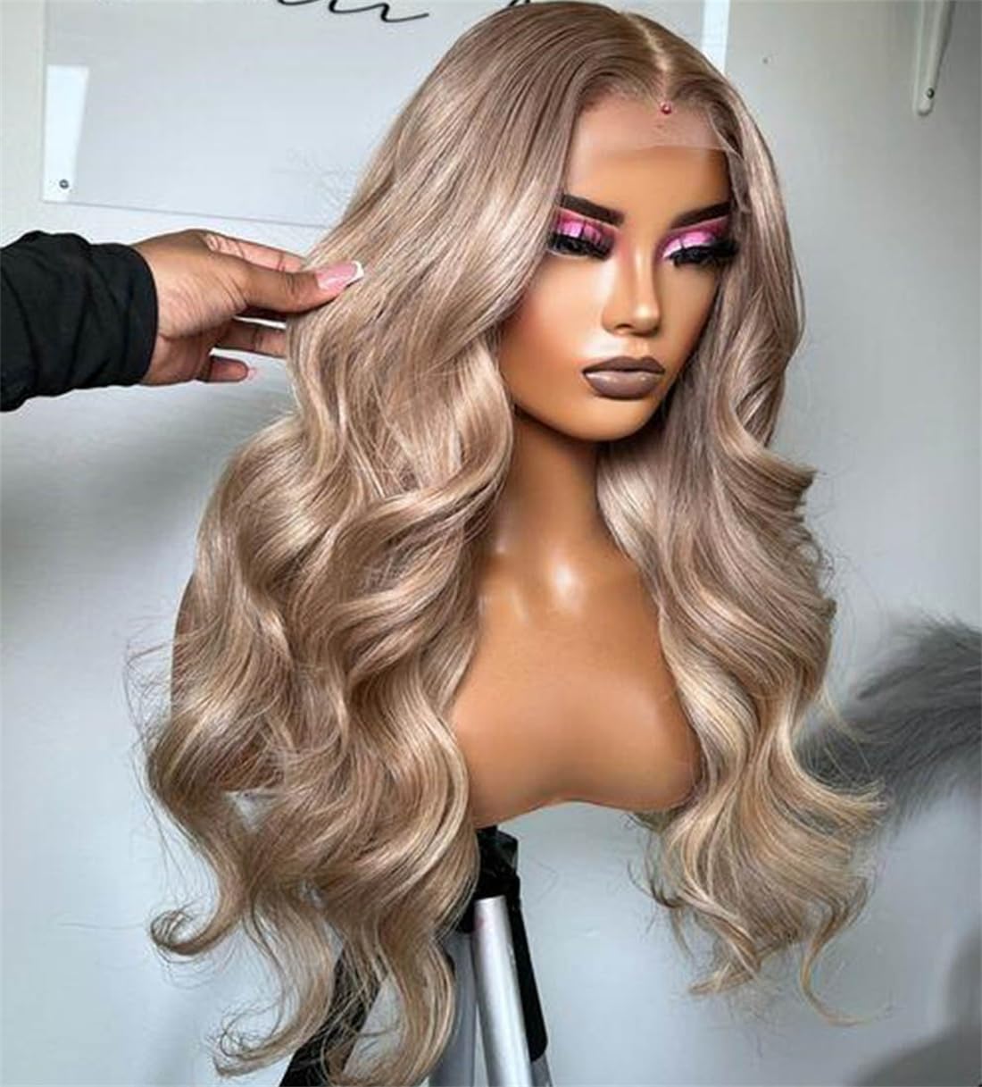 Rina platinum grey balayage body-wave lace-front wig adds vibrant color and depth.