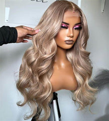 Rina platinum grey balayage body-wave lace-front wig adds vibrant color and depth.