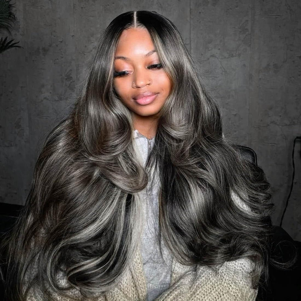 Rina Upgrade wig in black with brown blonde highlight, natural luster and bold style.