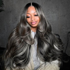 Rina Upgrade wig in black with brown blonde highlight, natural luster and bold style.