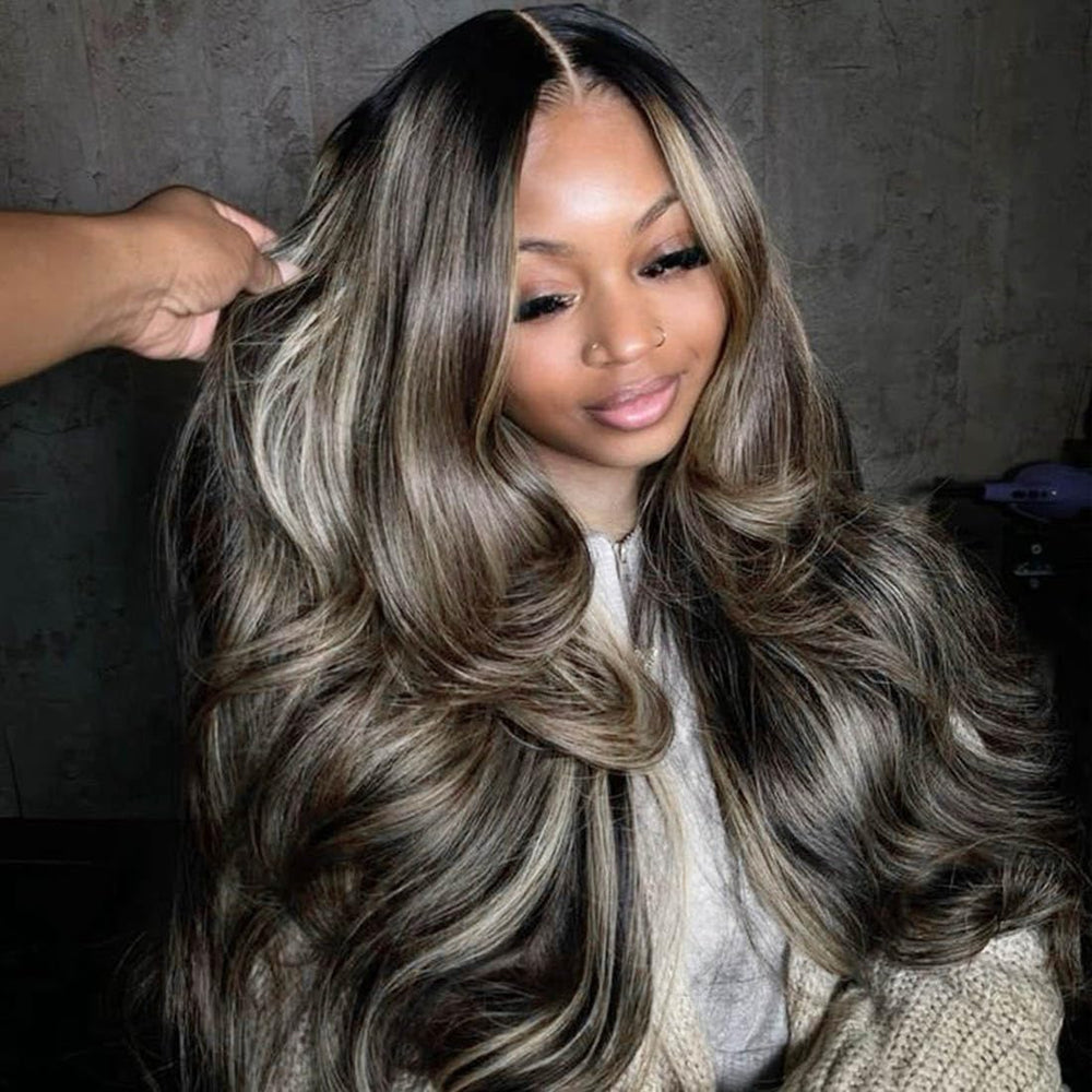 Rina Upgrade ombre lace-front wig with balayage blonde highlights for a glamorous look.