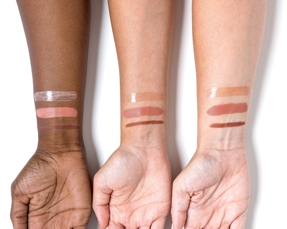 Gloss swatch on skin from Heidi kit highlighting subtle radiance