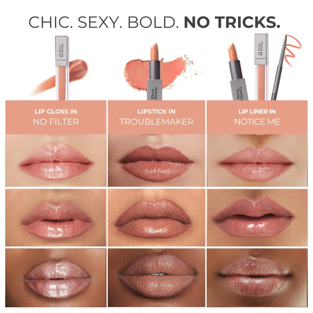 Rinna Beauty Icon Lip Kit: Troublemaker Lipstick, swatch nude sur la peau.