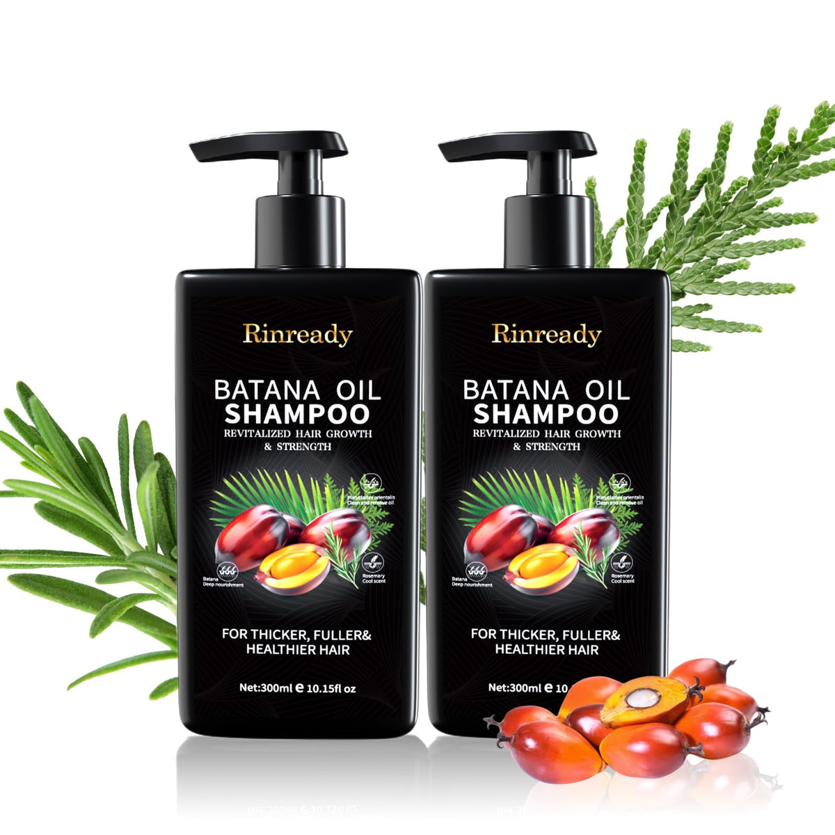 Rinready Batana Oil and Rosemary Shampoo bottle highlights a sulfate-free daily-use formula.