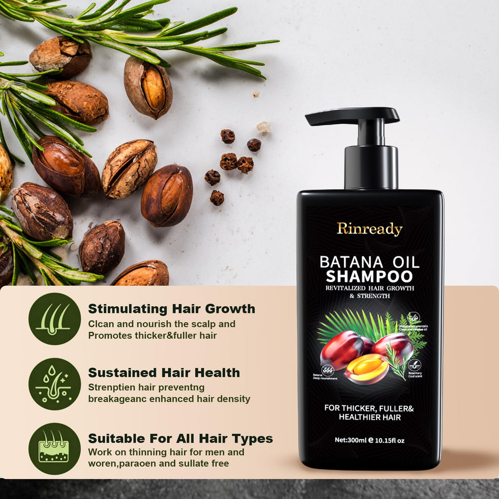Rinready Rosemary and Thuja Leaf extract emphasizes scalp health and follicle support visuals.