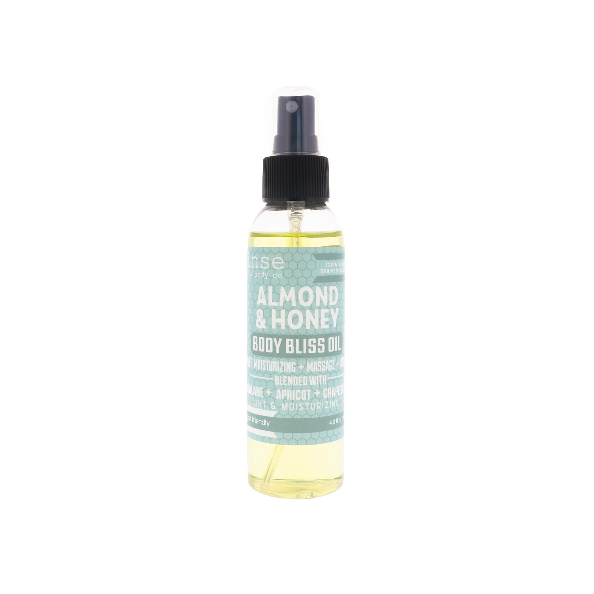 Rinse Almond & Honey body oil spray bottle shows quick-absorb formula for all skin types