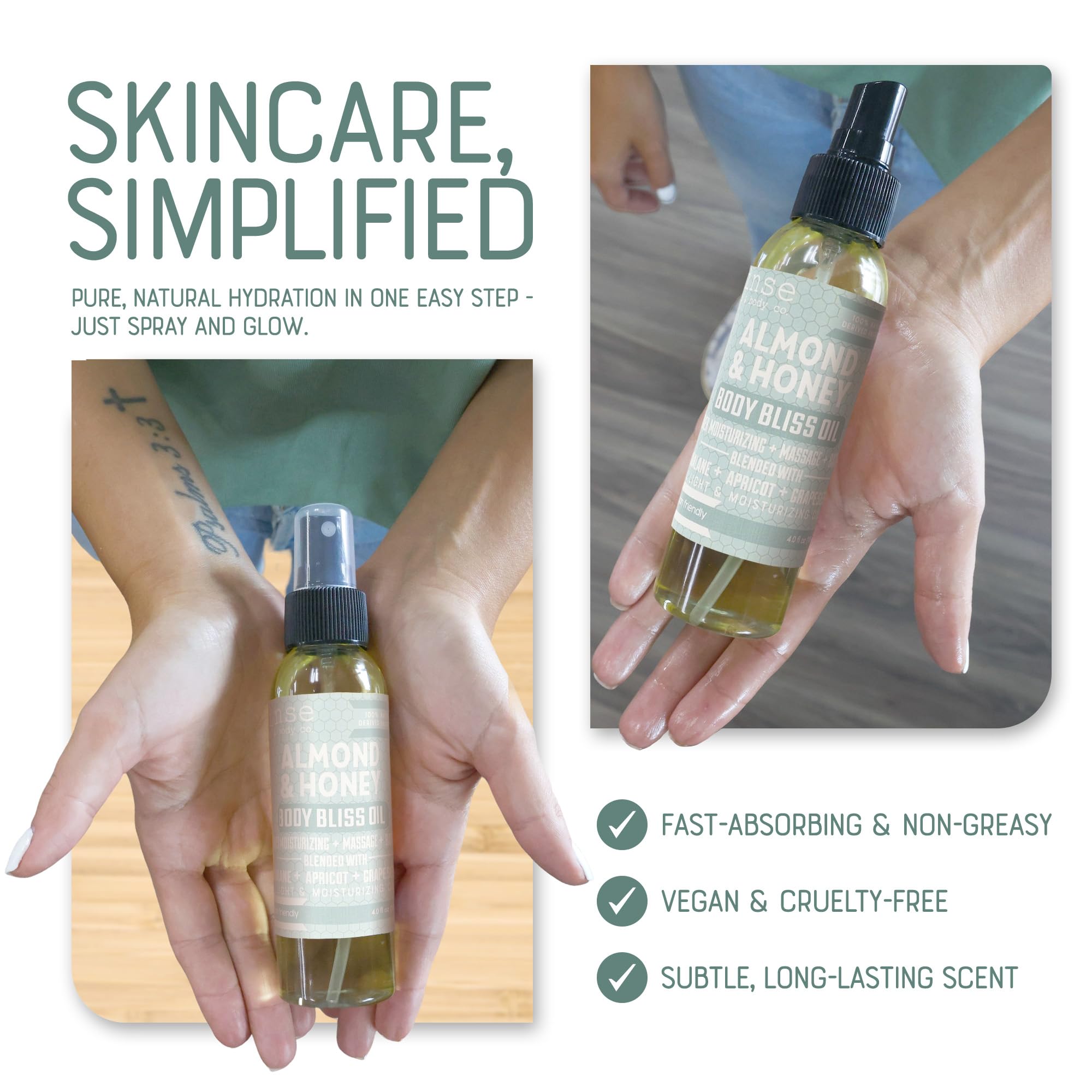 Rinse Almond & Honey spray texture close-up reveals silky, fast-absorbing oil