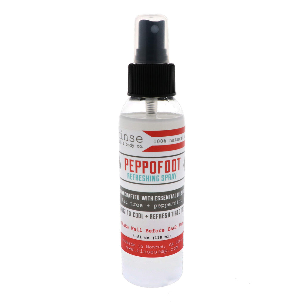 Rinse Bath & Body Peppermint Foot Spray bottle delivers cooling relief for tired feet.