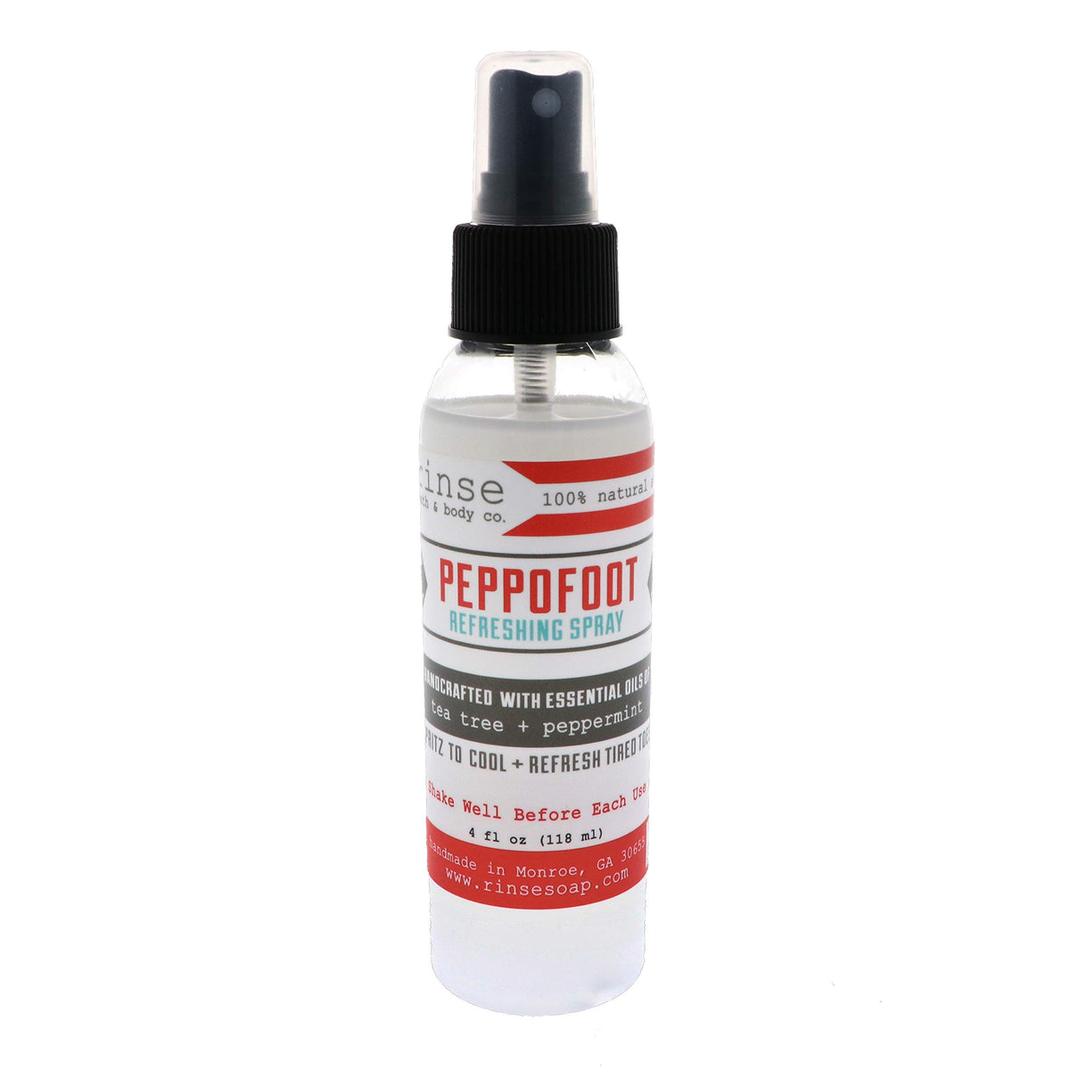 Rinse Bath & Body Peppermint Foot Spray bottle delivers cooling relief for tired feet.