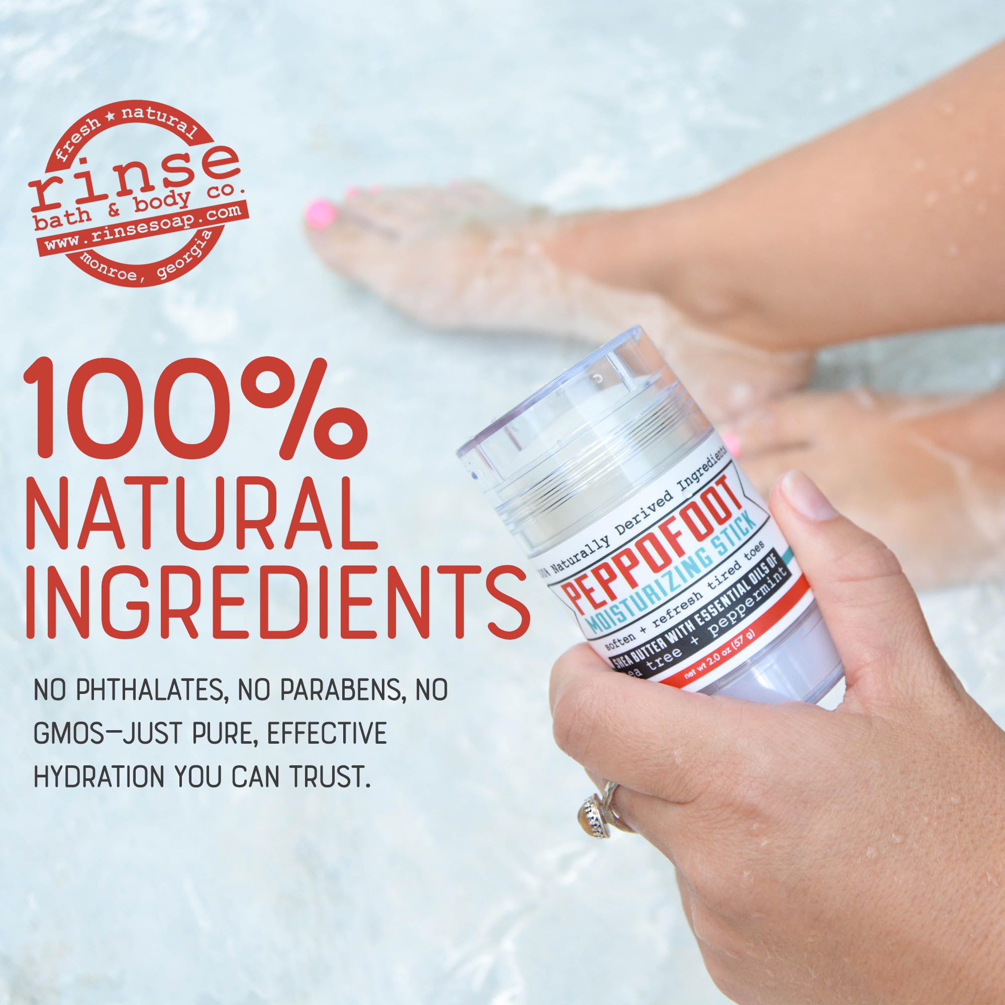 Ingredients of Rinse Bath & Body Peppofoot Heel Balm Stick including peppermint and shea butter