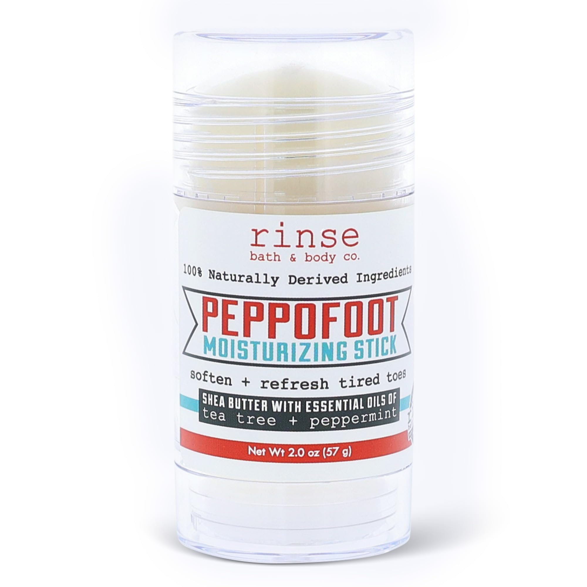 Rinse Bath & Body Peppofoot Heel Balm Stick packaging shows portable no-mess design for travel
