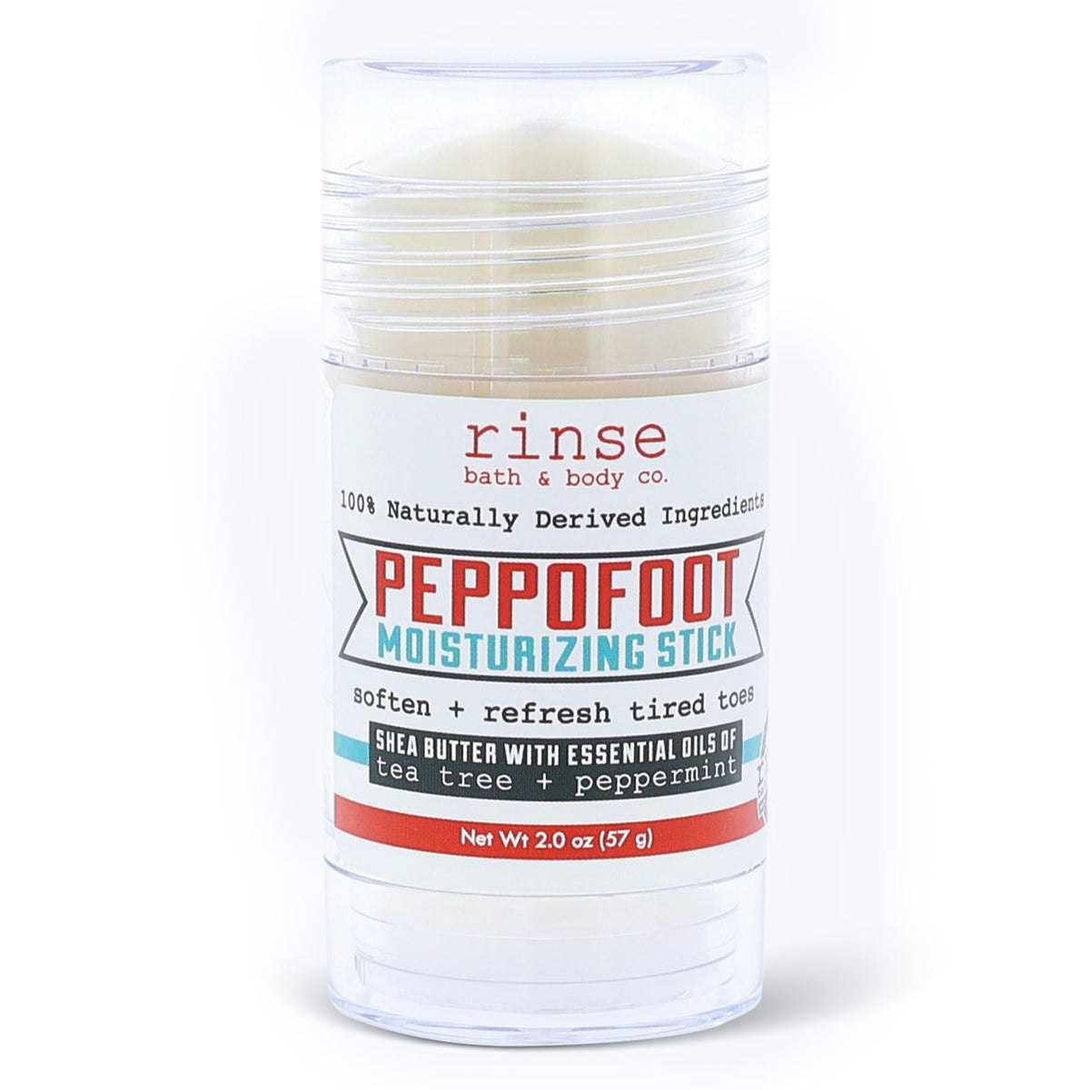 Rinse Bath & Body Peppofoot Heel Balm Stick packaging shows portable no-mess design for travel