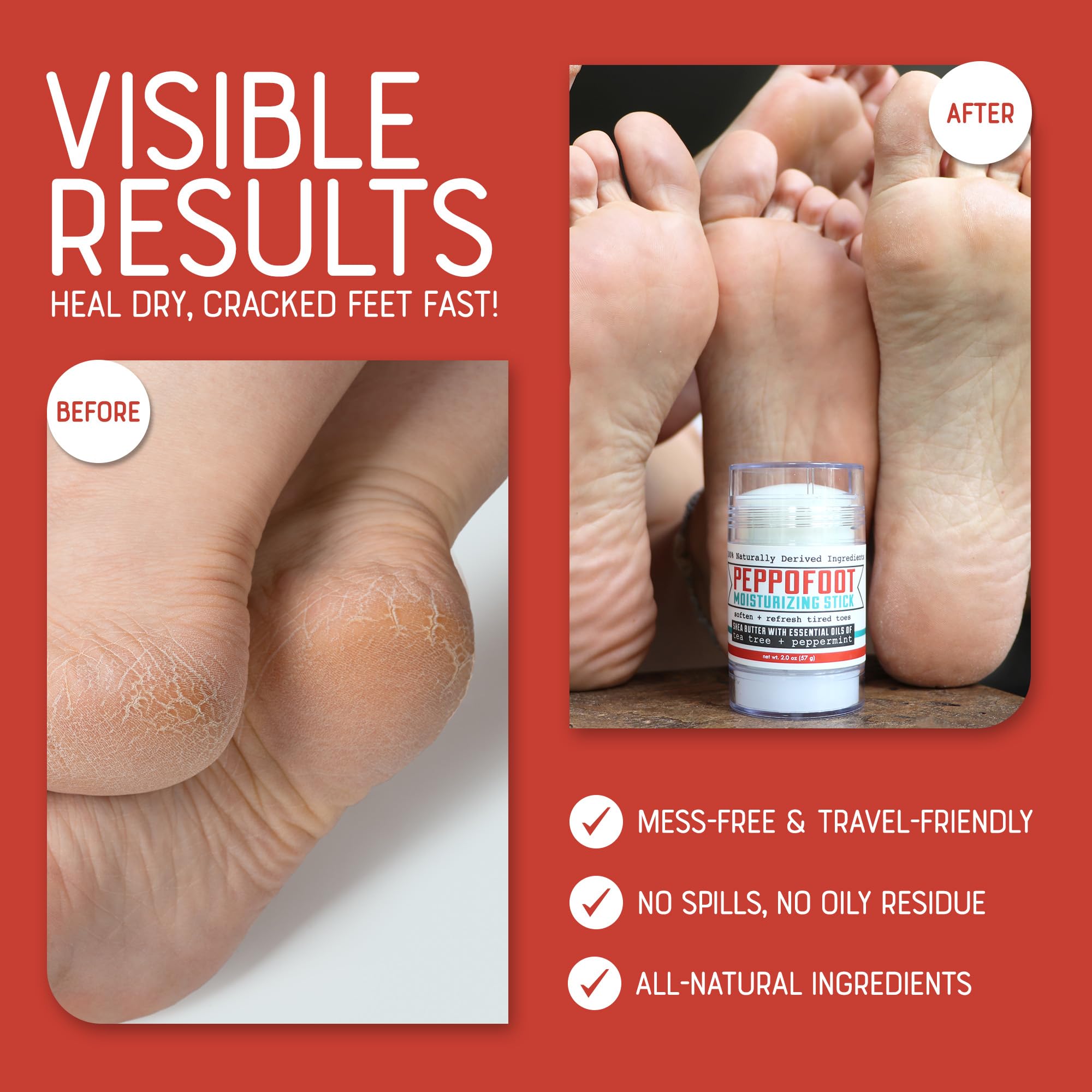 Portable Peppofoot Heel Balm Stick fits easily in a purse for travel use