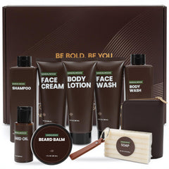 Rinse & Robust gift box cover with premium men's grooming set.