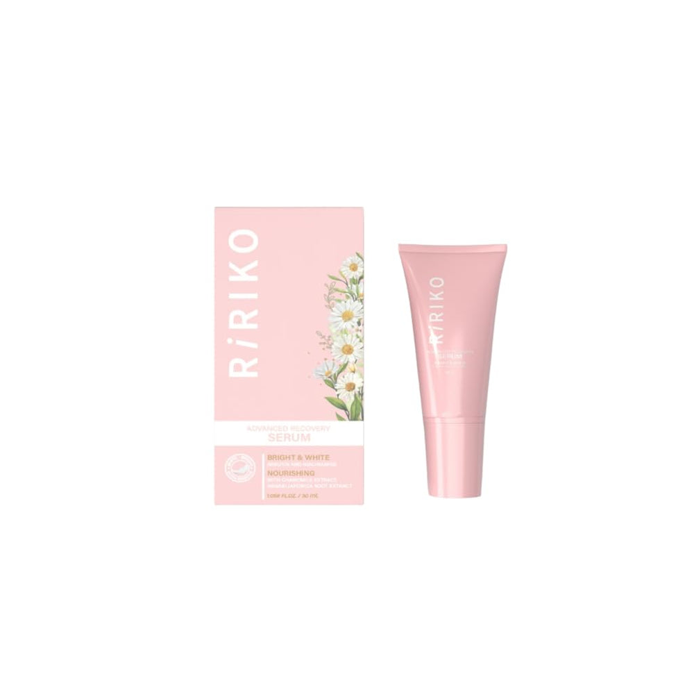 Ririko Advanced Recovery Serum bottle pour shows easy dispensing for quick daily use