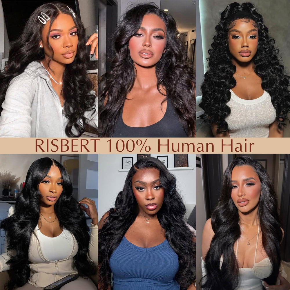 RISBERT body wave texture close-up showing soft, thick Brazilian virgin hair.