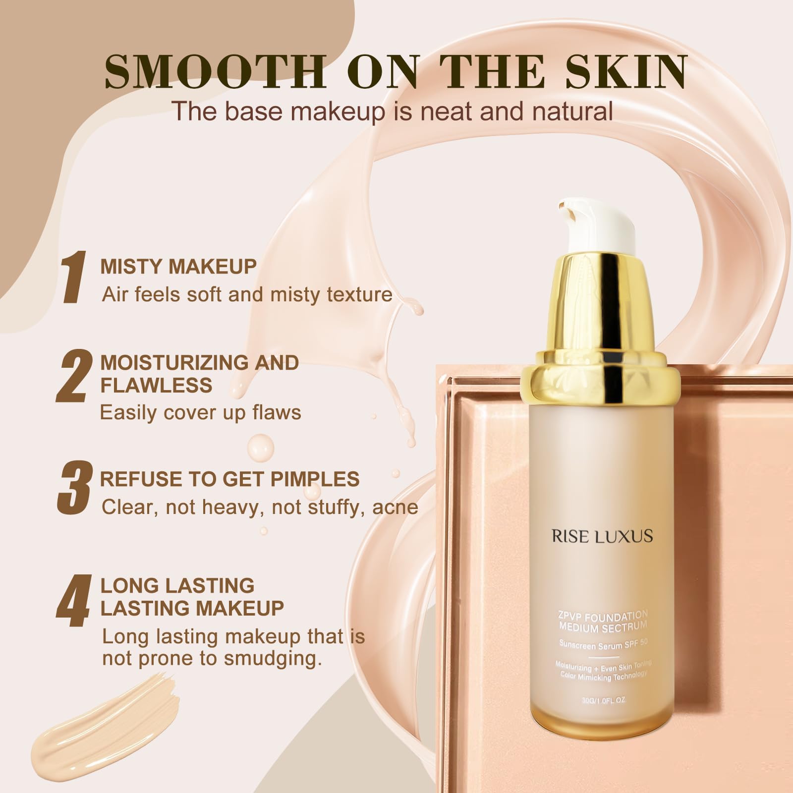 Rise Luxus Ultrablend 4in1 foundation SPF50 swatch showing sun protection and even tone.