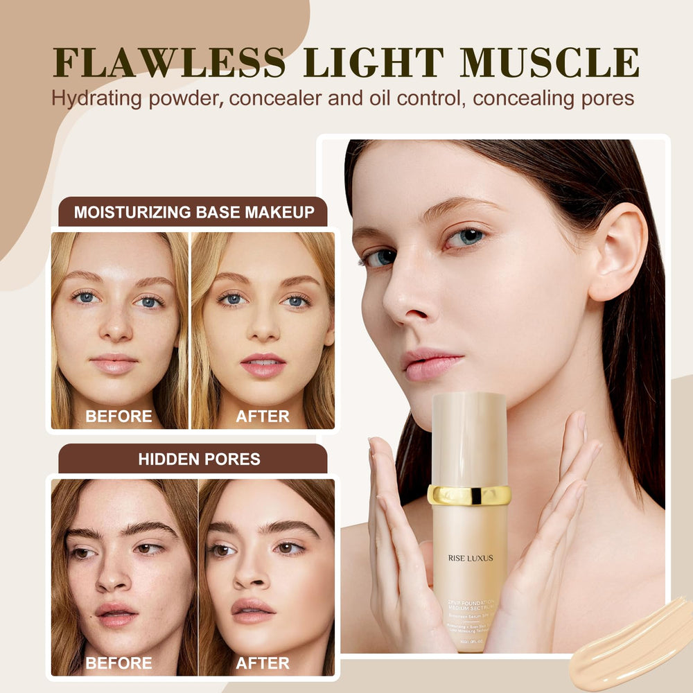 Rise Luxus Ultrablend 4in1 foundation waterproof formula resists sweat and humidity.