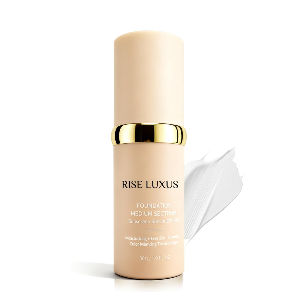 Rise Luxus Ultrablend foundation bottle with pump showing easy dispensing and SPF 50