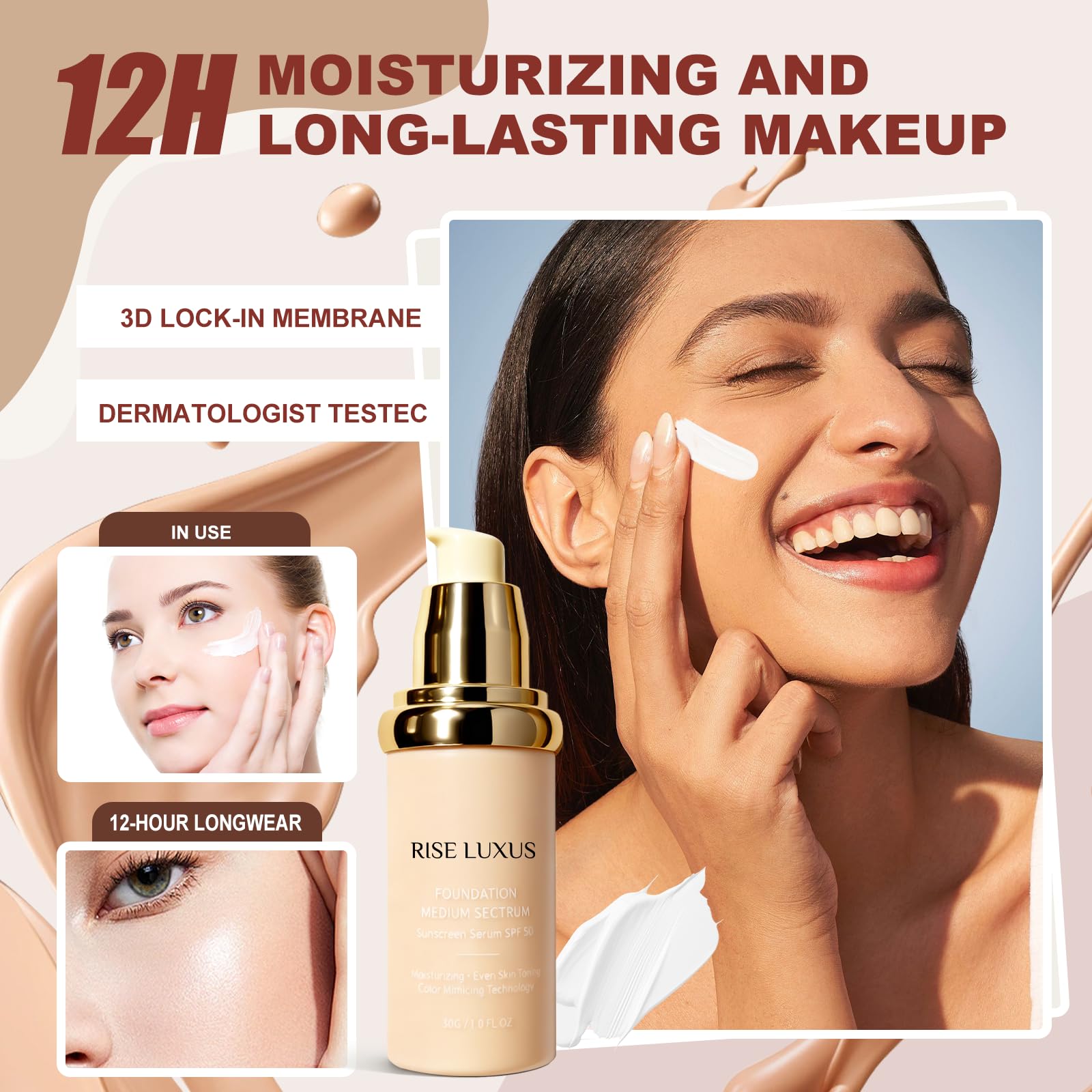 Rise Luxus Ultrablend SPF 50 label on foundation bottle