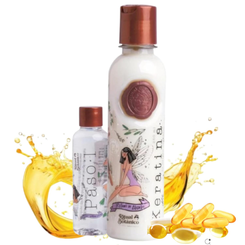 Ritual Botanico Keratina Organic bottle pouring for smooth, shiny hair.