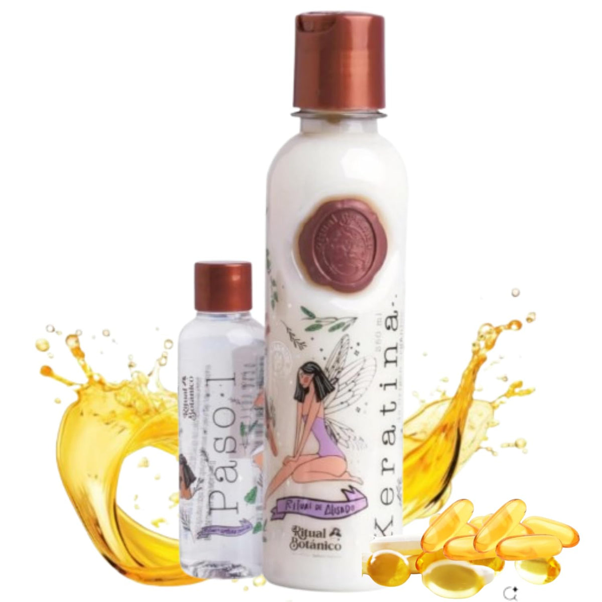 Ritual Botanico Keratina Organic bottle pouring for smooth, shiny hair.