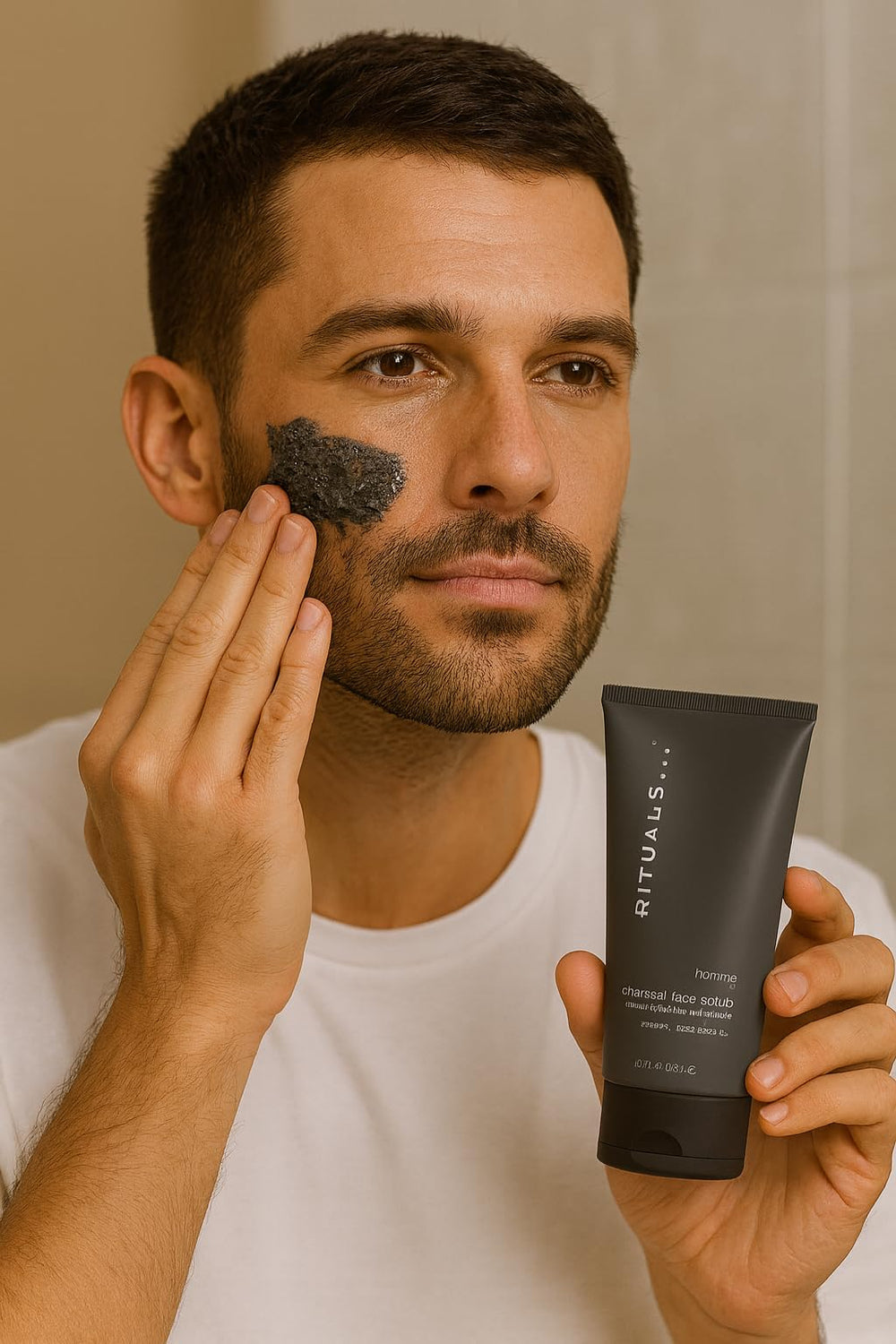 Close-up of the scrub texture, RITUALS Homme Charcoal Face Scrub, perfect for smoothing skin.