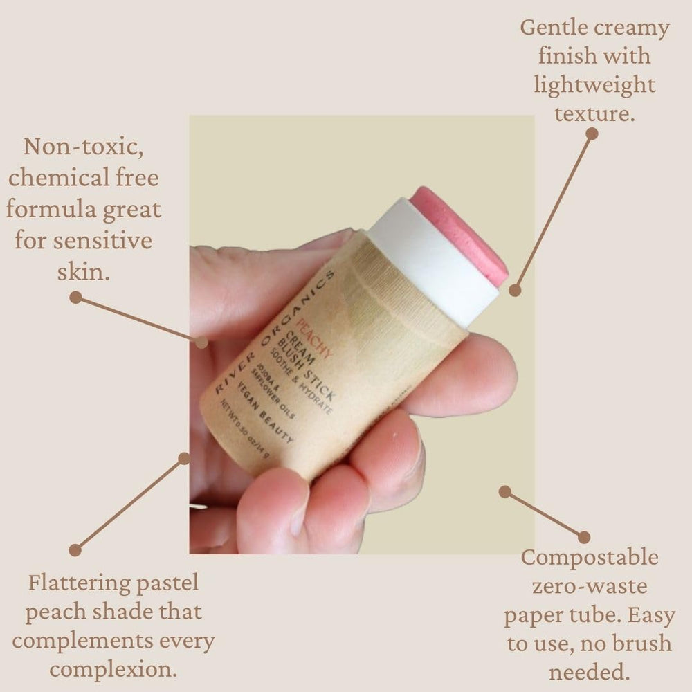 River Organics Peachy blush on eyes for cohesive warm look.