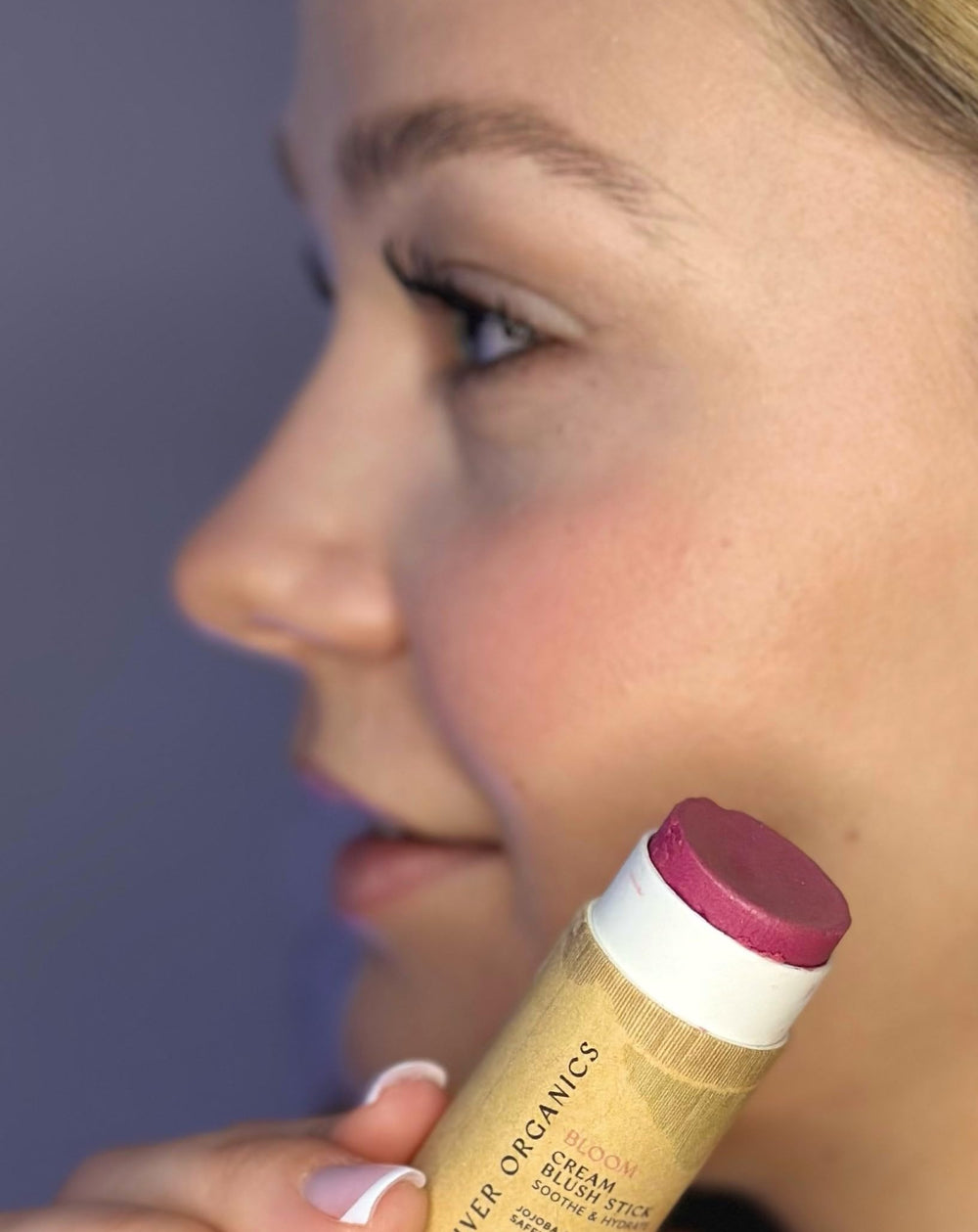 River Organics vegan blush stick used on lips for hydrating rosy tint