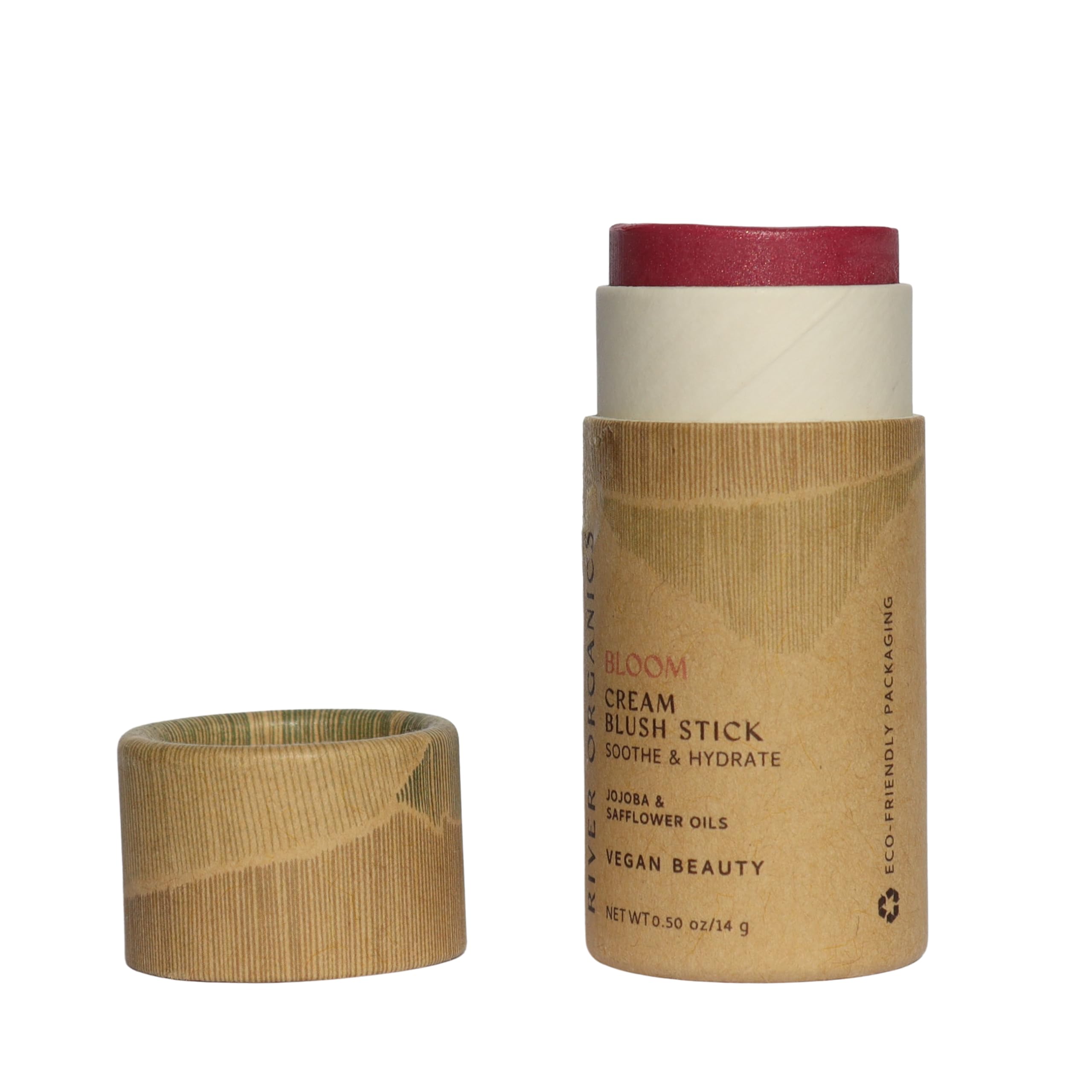River Organics vegan blush stick pink swatch on cheek shows natural hydrating glow