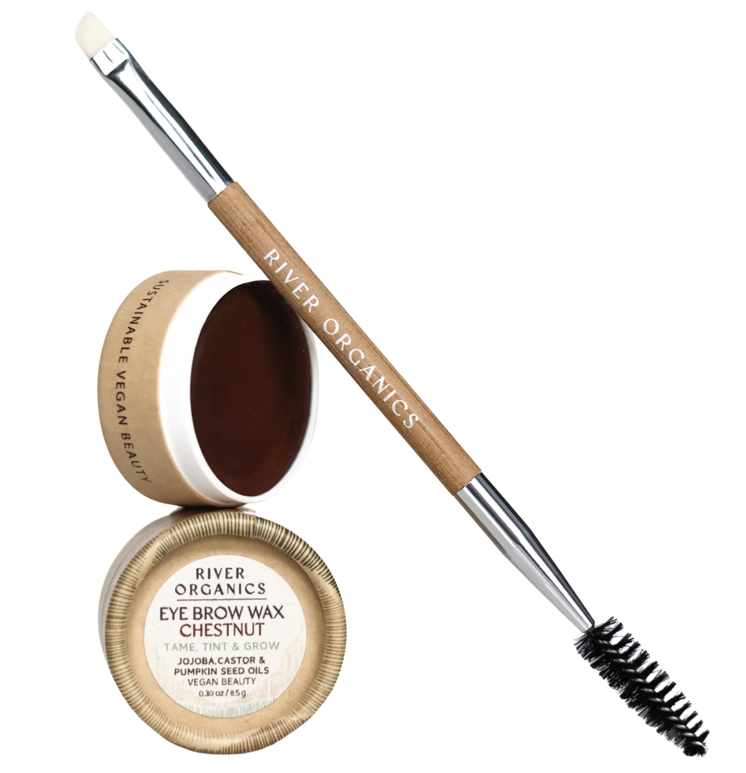 Bamboo brush applies River Organics Chestnut wax for precise brow shaping.