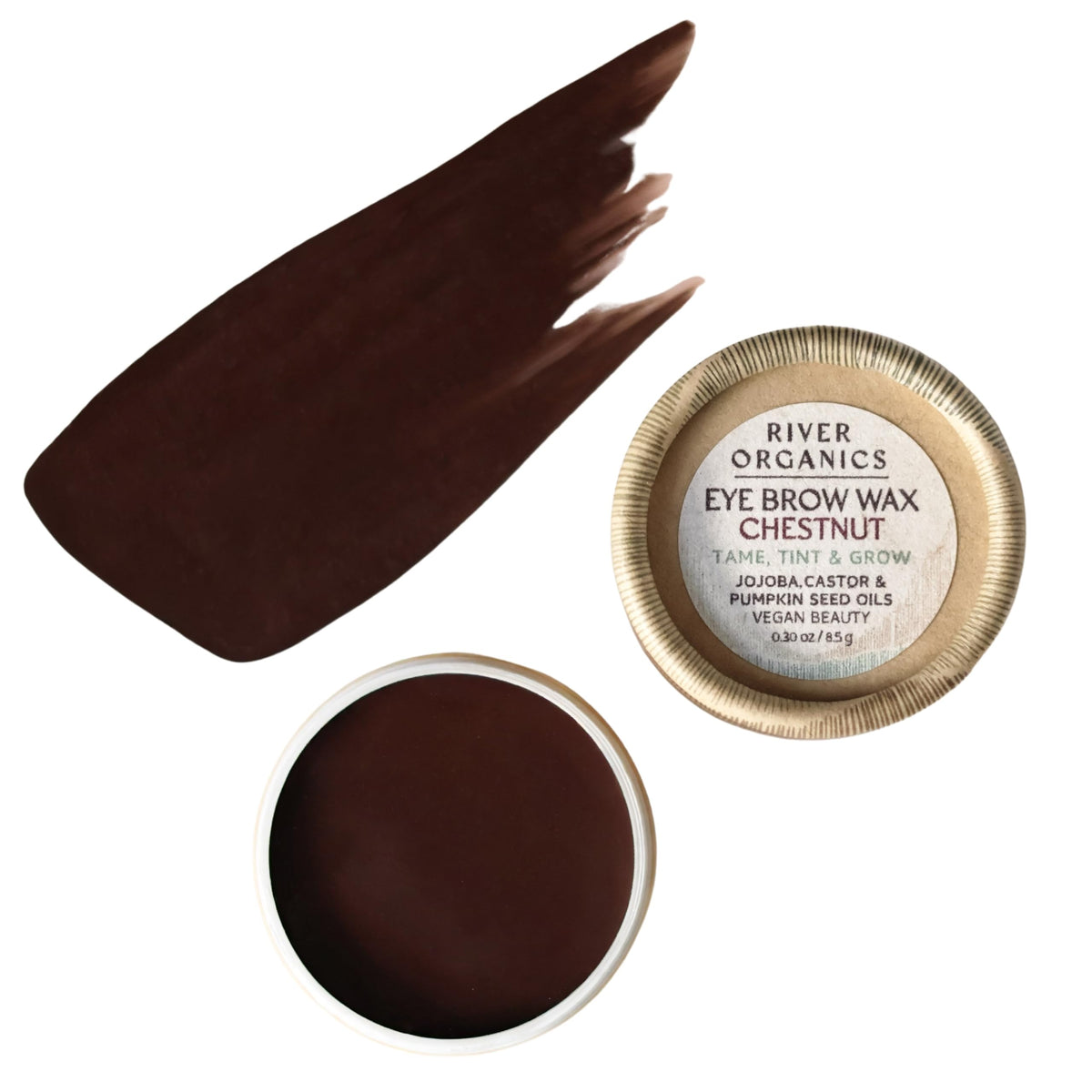 River Organics Zero Waste Eyebrow Wax Chestnut packaging emphasizes plastic-free sustainability for brows.