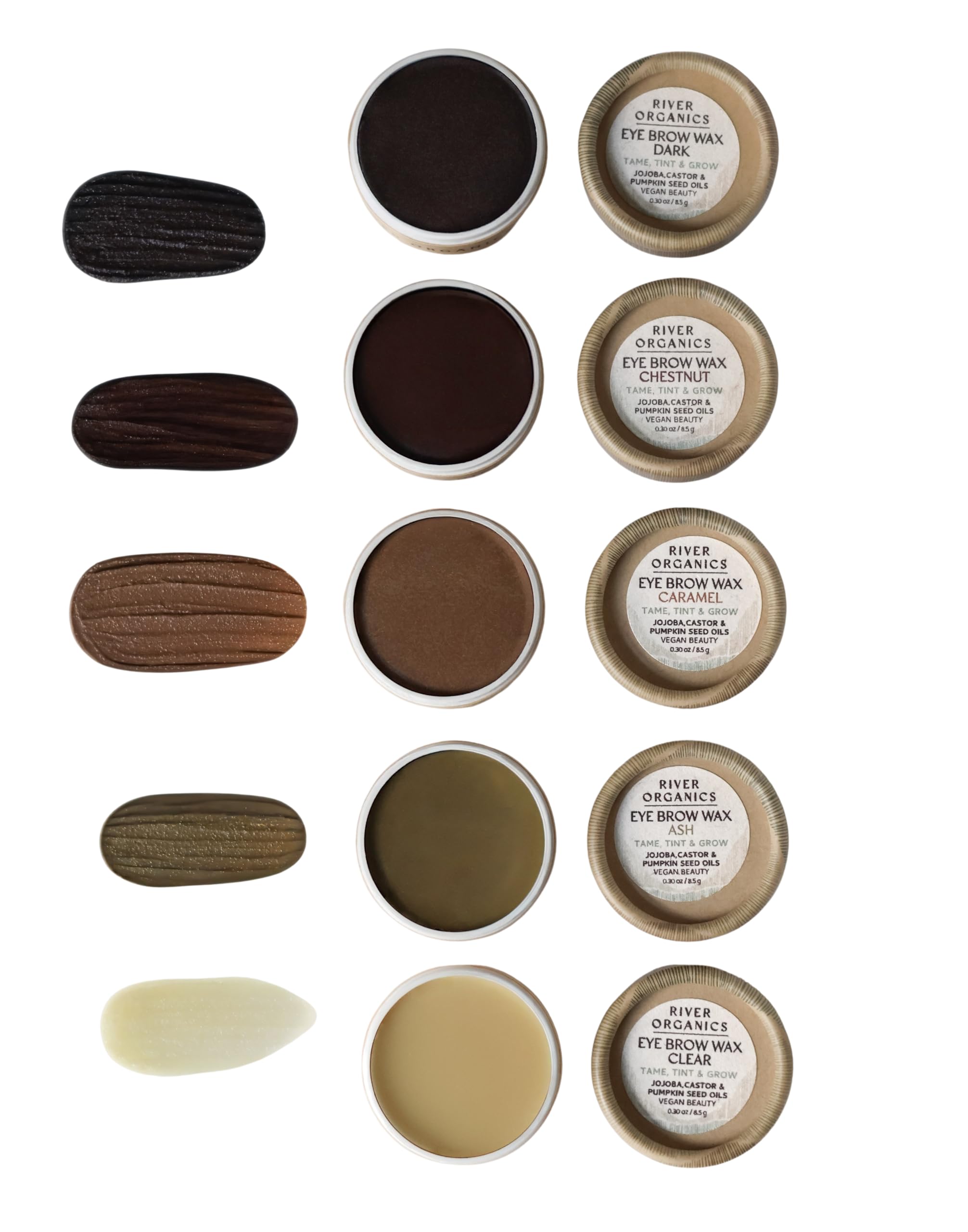 River Organics Chestnut Brow Wax packaging shown in eco-friendly setup.