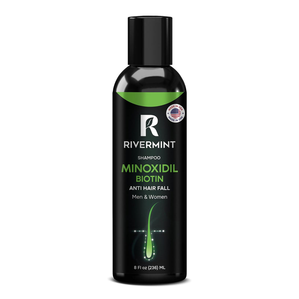 Rivermint shampoo bottle front shows mint-infused formula for refreshing scalp care.