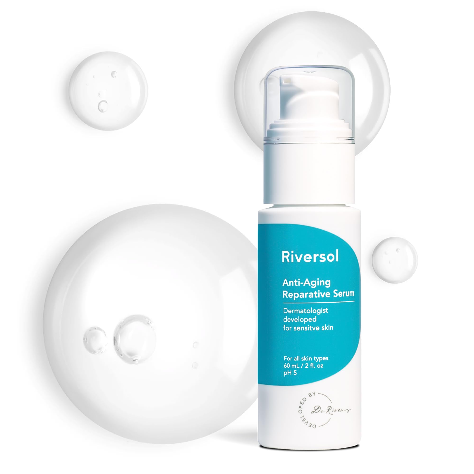 Riversol Anti-Aging Serum bottle with pump for easy daily use and brighter skin