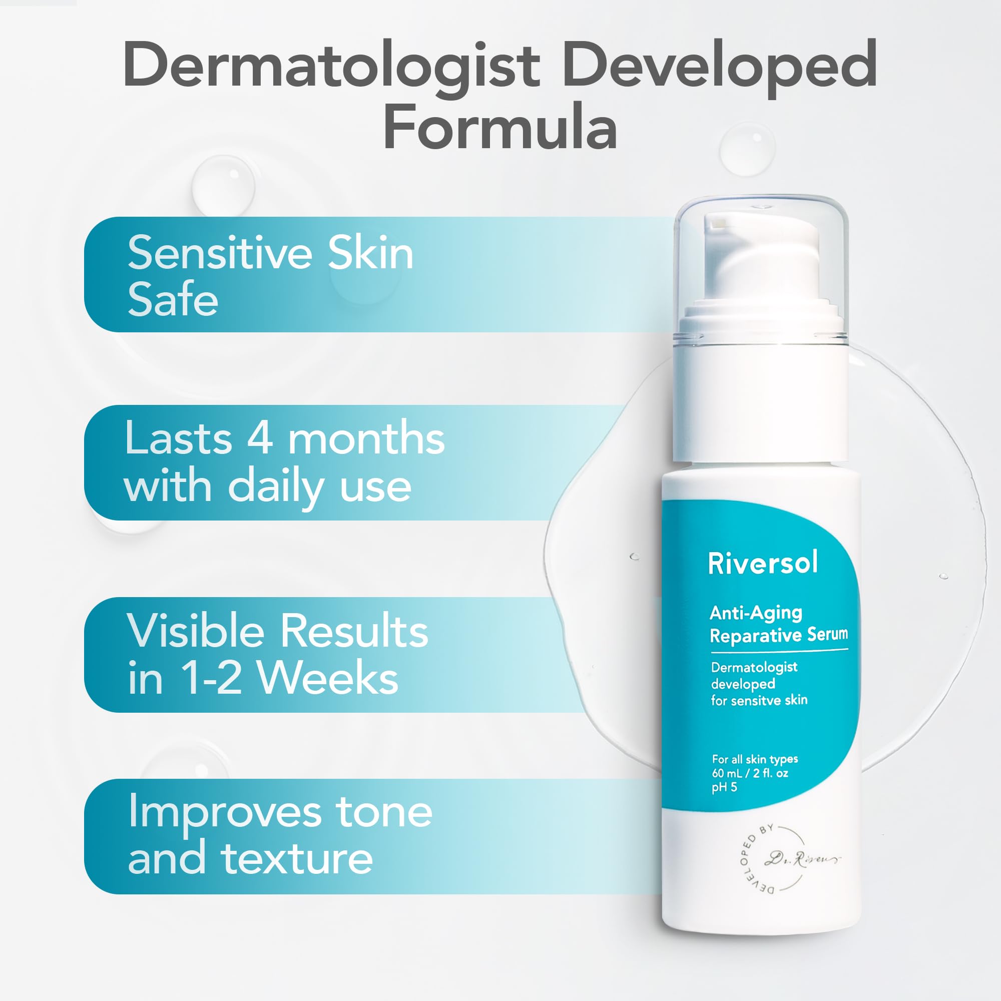 Riversol Anti-Aging Serum gel texture showing light, fast-absorbing formula for sensitive skin