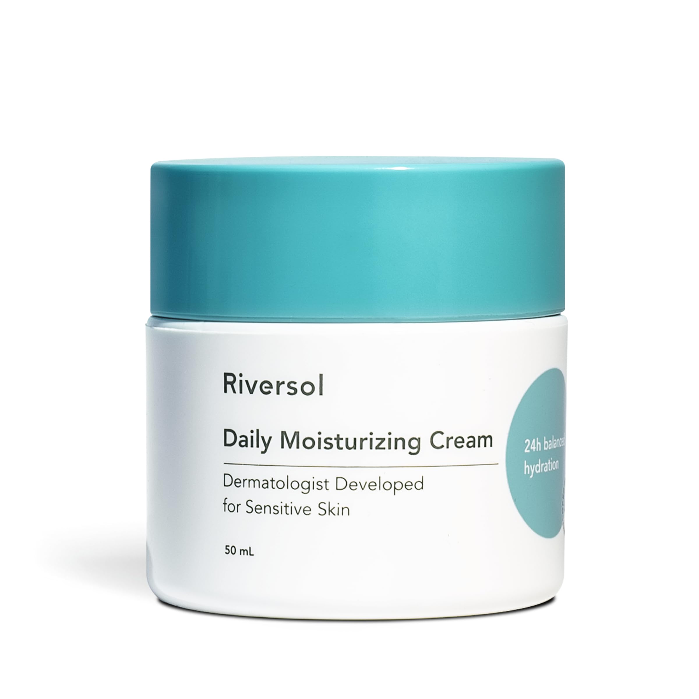 Riversol Daily Face Moisturizer jar close-up showing fragrance-free hydration for sensitive skin.