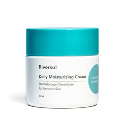 Riversol Daily Face Moisturizer jar close-up showing fragrance-free hydration for sensitive skin.