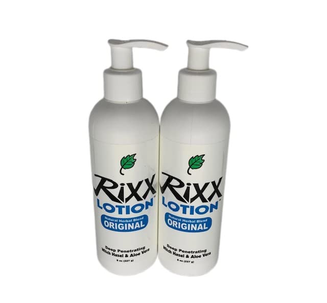 Rixx Lotion Original bottle pour demonstrates fast absorption for hydrated skin